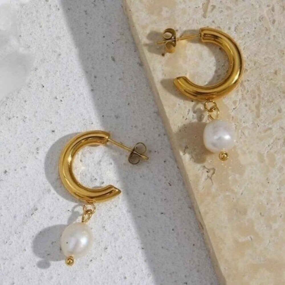 Pearl Earrings Non-tarnish Gold Chunky hoops w/ dangle Pearl Earrings Waterproof